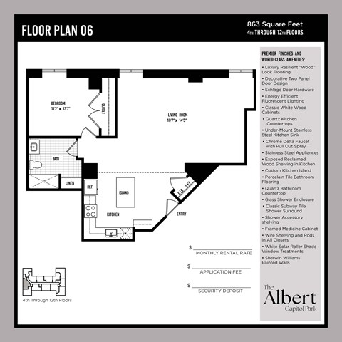 Floor plan for 1 bed, 1 bath, 863 sqft